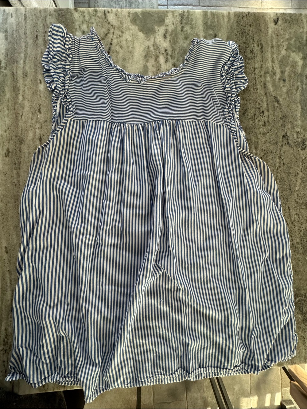LOFT Blue and White Striped Ruffle Sleeve Tank Top